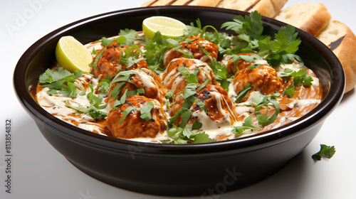 Delicious Garnished Chicken Kofta Curry in A Bowl on Blurry Background