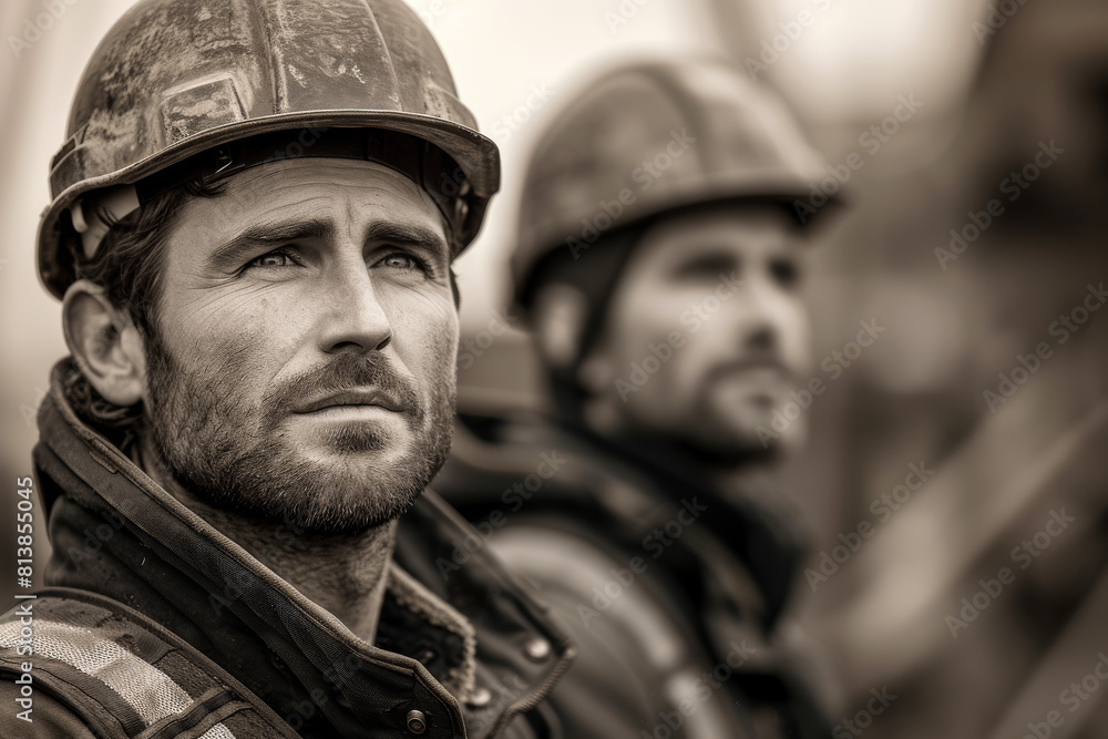 Two construction workers standing in row and looking away Two construction workers standing in row and looking away