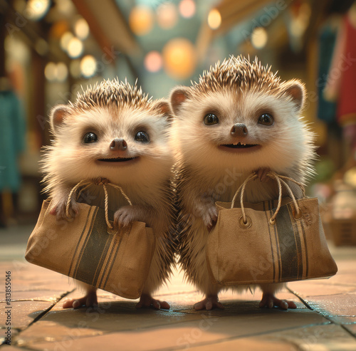 two cute hedgehogs carrying shopping bags inside an indoor mall photo