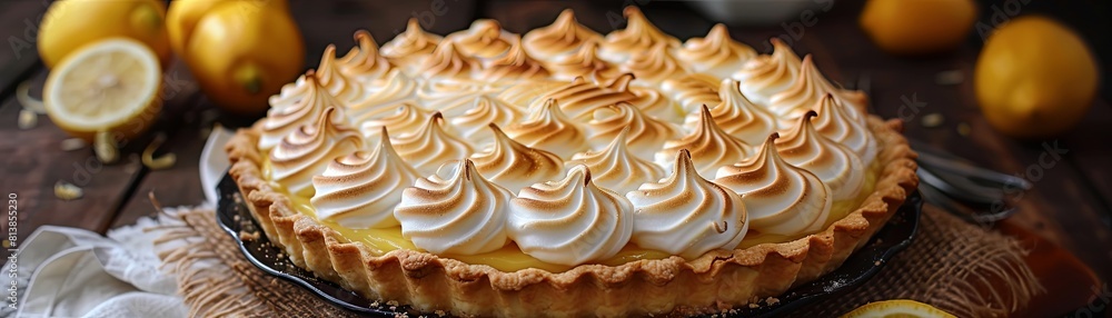 Homemade lemon meringue pie with fresh lemons on wooden table. Homemade lemon meringue pie with fresh lemons on wooden table.