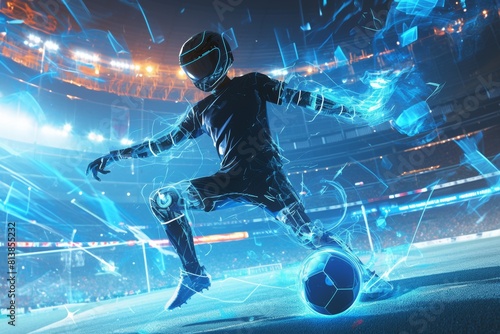 Futuristic 3D Render of Virtual Football Kick by Player in VR Suit photo