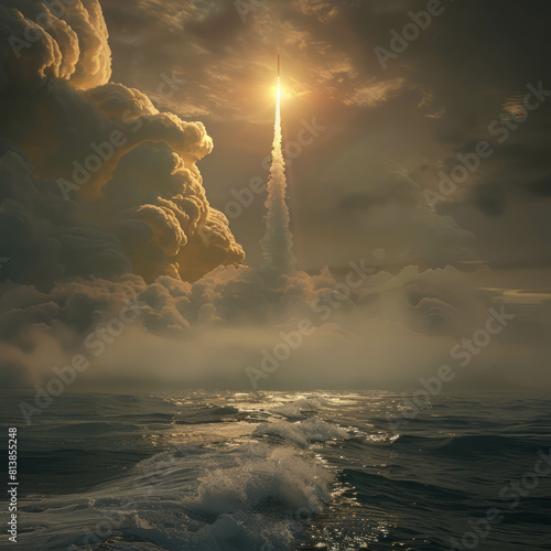 Real-life epics unfold as missiles pierce through the ocean's surface, highlighting the significance of military defense and technology. AI generative. photo