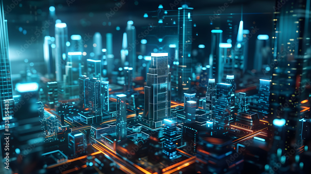 Obraz premium A cityscape with buildings and streets lit up in neon colors