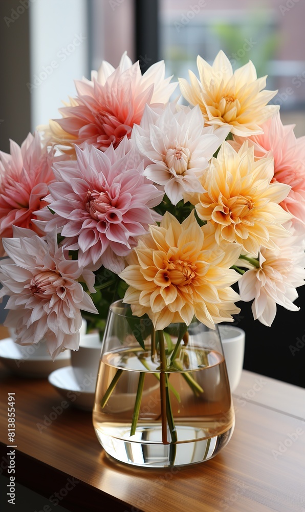 Bouquet of beautiful Dahlia flowers in vase on table near white wall Bouquet of beautiful Dahlia flowers in vase on table near white wall