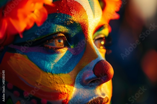 Closeup of a festival performer s painted face, illuminated under warm evening lighting The blurred background provides ample space to highlight the colorful makeup and expressive artistry photo