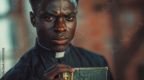 In this portrait, a young black priest holds the Holy Bible in his hand and looks into the camera. He serves God by helping lost souls find the path to righteousness through faith, devoted to