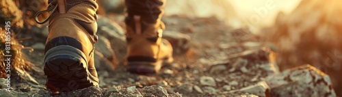 Closeup of a hikers sturdy boots on a rocky trail  softly lit to highlight the texture The blurred background provides empty space  emphasizing the adventurous spirit of trekking