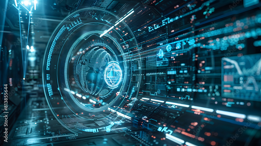 A computer screen shows a blue and red circle with a globe inside, sci-fi hologram A computer screen shows a blue and red circle with a globe inside, sci-fi hologram