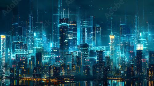 A cityscape with a blue sky and a city skyline