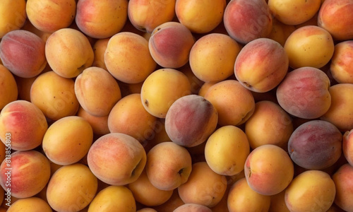 Ripe apricots in various shades of yellow and orange with some red blushes  each having a smooth texture visible with natural imperfections on the skin.