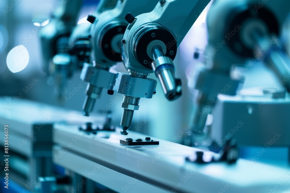 Closeup of robotic arms assembling micro components for medical devices on a production line The softly lit background highlights the fine details and efficiency of the automated p