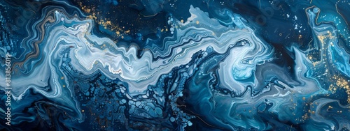 Swirling blue and gold patterns create a mesmerizing abstract design resembling a marble texture.