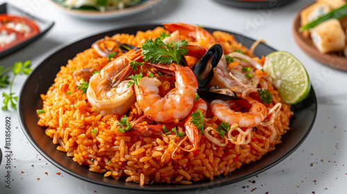 Delicious traditional peruvian seafood paella served with lime and fresh herbs on a white tabletop