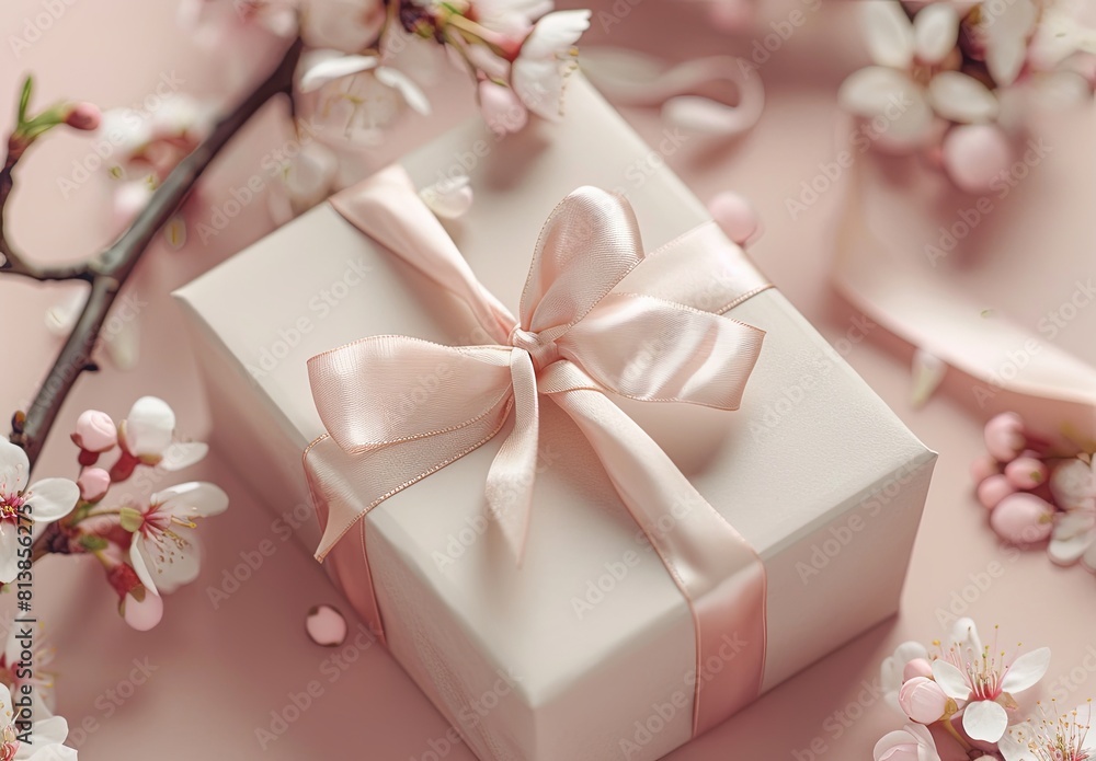 Small elegant present gift box with tiny pale pink satin ribbon decorated Small elegant present gift box with tiny pale pink satin ribbon decorated