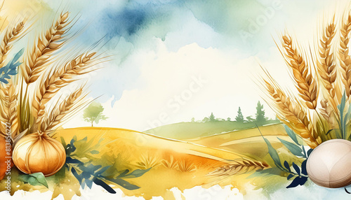 Shavuot holiday concept, watercolor art style, copyspace on a side