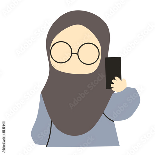 Cute young muslimah faceless with glasses and phone