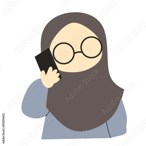 Cute young muslimah faceless with glasses and phone