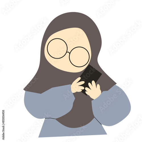 Cute young muslimah faceless with glasses and phone