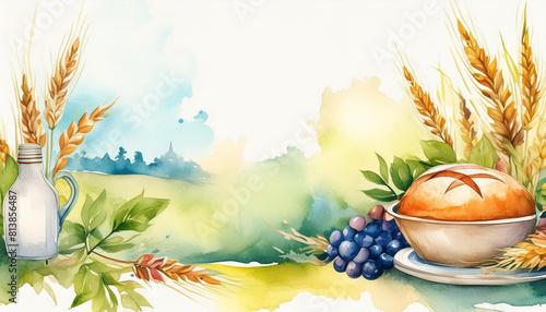 Shavuot holiday concept, watercolor art style, copyspace on a side photo
