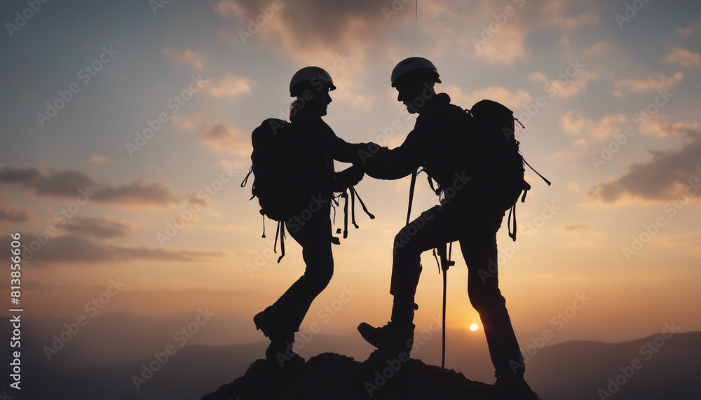 Fototapeta premium silhouette, climbers, helping, reach, top, mountain, cloudy, sky, sunset, time, silhouette, of, climbers, helping, reach, top, mountain, cloudy, sky, sunset, time, silhouette, climbers, helping, reach