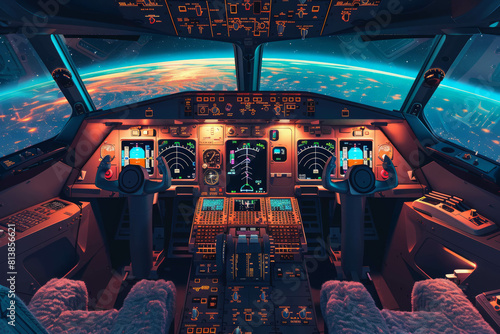 Discover the streamlined interface of an airplane cockpit, featuring only essential rooms for pilot navigation and control. AI generative. photo