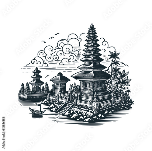 The Bali island temple. Black White vector illustration.