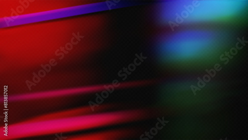 Film leak light overlay texture background with neon and iridescent stripes. Rainbow lens flare effect on crystal glass or camera film filter with bokeh. Laser beam strip. 3D vector light background