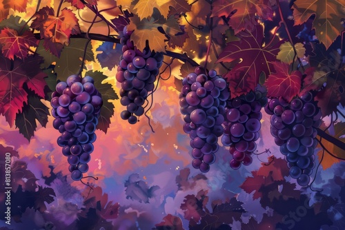 ripe grape clusters hang heavy on the vine whispering promises of future wines in the heart of autumn concept illustration