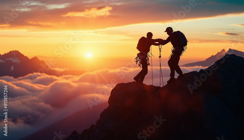 silhouette  climbers  helping  reach  top  mountain  cloudy  sky  sunset  time  silhouette  of  climbers  helping  reach  top  mountain  cloudy  sky  sunset  time  silhouette  climbers  helping  reach
