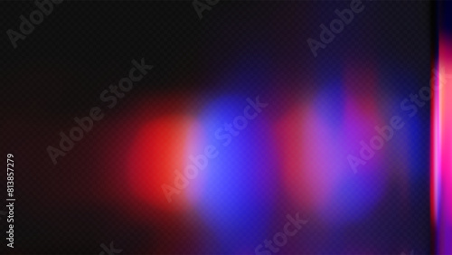 Film leak light overlay texture background with neon and iridescent stripes. Rainbow lens flare effect on crystal glass or camera film filter with bokeh. Laser beam strip. 3D vector light background