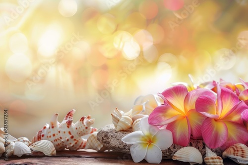 Underneath warm, natural light, tropical flowers and seashells adorn a smooth coral stone table. The blurred background creates ample empty space, allowing the unique natural beauty of the island