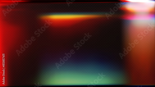 Film leak light overlay texture background with neon and iridescent stripes. Rainbow lens flare effect on crystal glass or camera film filter with bokeh. Laser beam strip. 3D vector light background © janevasileva