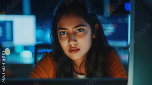A young South Asian woman writing software code for an innovative internet and software as a service project in a technological corporate office.