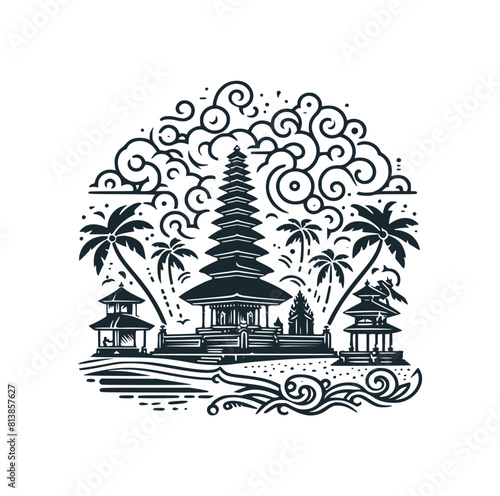 The Bali island temple. Black White vector illustration.