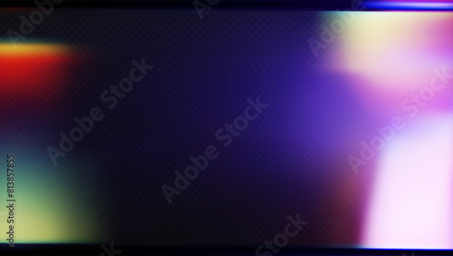 Film leak light overlay texture background with neon and iridescent stripes. Rainbow lens flare effect on crystal glass or camera film filter with bokeh. Laser beam strip. 3D vector light background