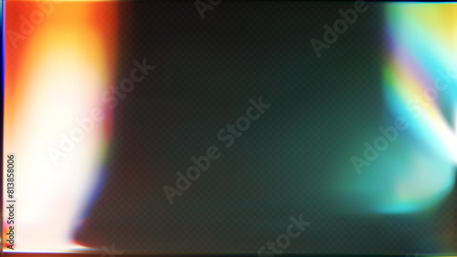 Film leak light overlay texture background with neon and iridescent stripes. Rainbow lens flare effect on crystal glass or camera film filter with bokeh. Laser beam strip. 3D vector light background