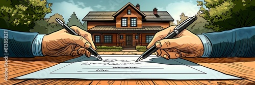 Create an illustration depicting the process of transferring a title deed from seller to buyer during a real estate transaction with legal formalities and documentation.
