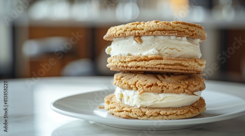 Close-Up of Delectable Ice Cream Sandwich with Golden Brown Cookies and Vanilla Frozen Yogurt