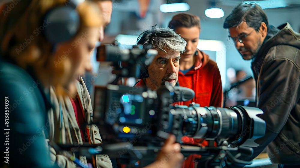 A group of reporter are gathered around a camera, with one person holding a camera A group of reporter are gathered around a camera, with one person holding a camera