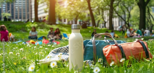 Blank reusable bottle mockup at a bustling city park picnic area, with colorful lunch bags and eco-friendly cutlery, suitable for sustainable brands.