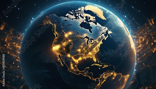 Planeta terra focado na América do norte noturna photo