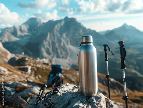 Blank stainless steel travel bottle mockup on a mountain peak, surrounded by trekking poles and a backpack, ideal for outdoor adventure brands. photo