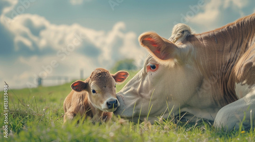 Closeup of cow with calf on a pasture. Beautiful natural animal portrait with vintage effect photo
