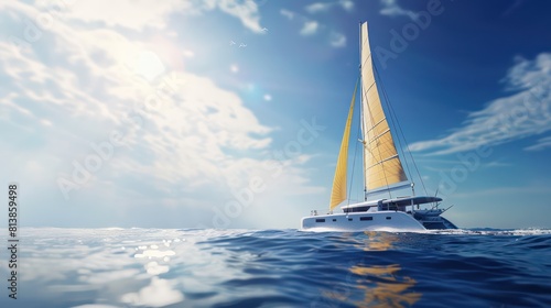 wallpaper of a catamaran sailing on the sea with a beautiful blue sky and white clouds