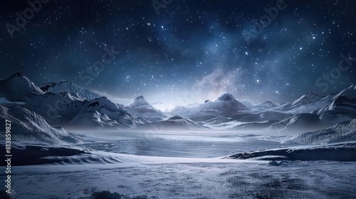 wallpaper illustration of a endless frozen lake with snow capped mountains under a dark blue sky © marco