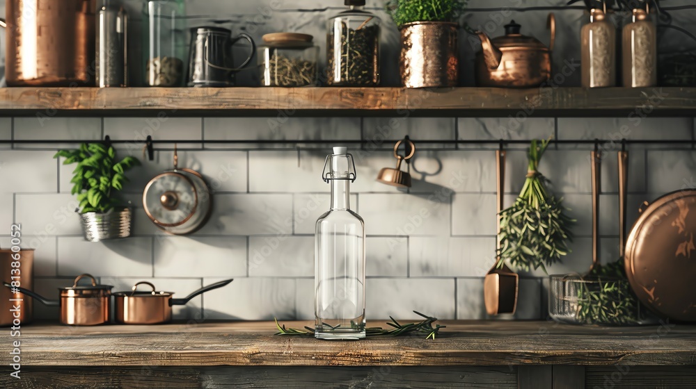 Blank clear glass vinegar bottle mockup on an antique pantry shelf, with vintage copper pots and herbs hanging nearby, perfect for gourmet cooking. Blank clear glass vinegar bottle mockup on an antique pantry shelf, with vintage copper pots and herbs hanging nearby, perfect for gourmet cooking.