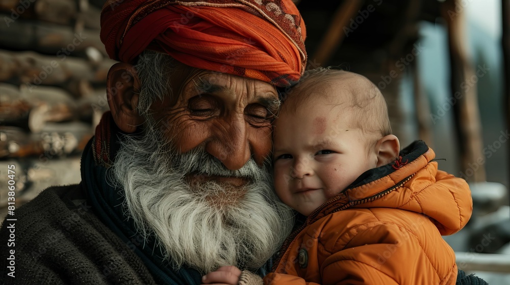 An old man love for a kid, sik traditional Indian with a cute kid An old man love for a kid, sik traditional Indian with a cute kid