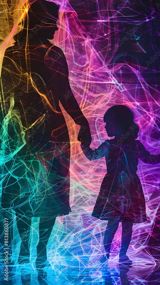 Silhouettes with neon trails against dark backdrop Silhouettes with neon trails against dark backdrop