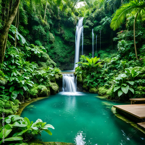 A hidden waterfall cascading into a serene  emerald-green pool hidden deep within a dense jungle  surrounded by lush foliage and vibrant wildlife.