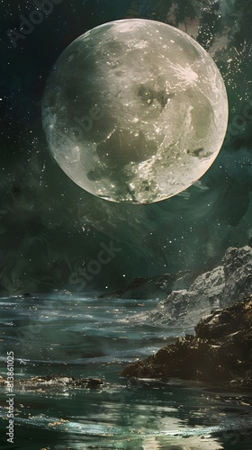 Moon rising above ocean at night